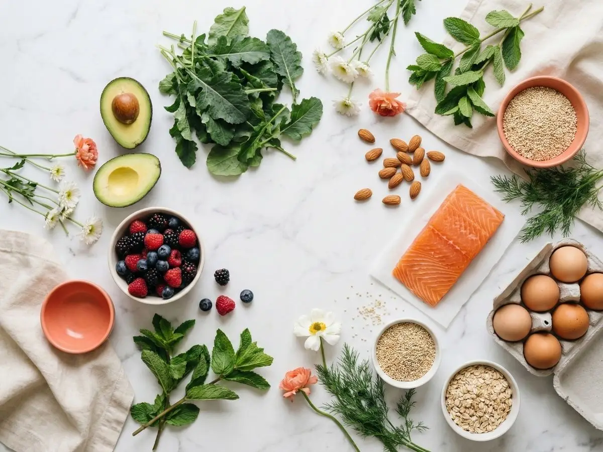 Fertility-supporting foods laid out on marble: wild salmon, pasture-raised eggs, avocado, leafy greens, berries, almonds, quinoa and oats