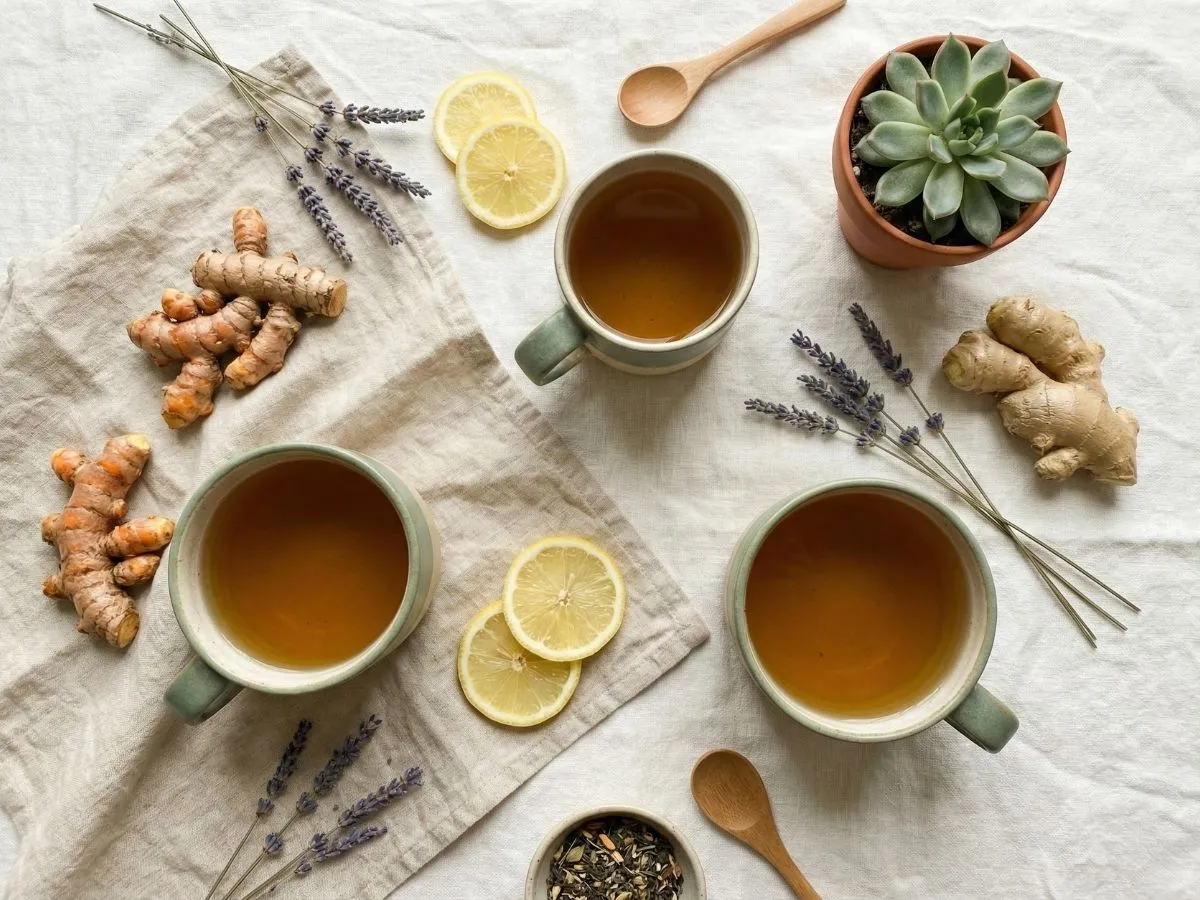 Herbal teas with turmeric, ginger, lemon and lavender on linen, nutrition support for hormone balance