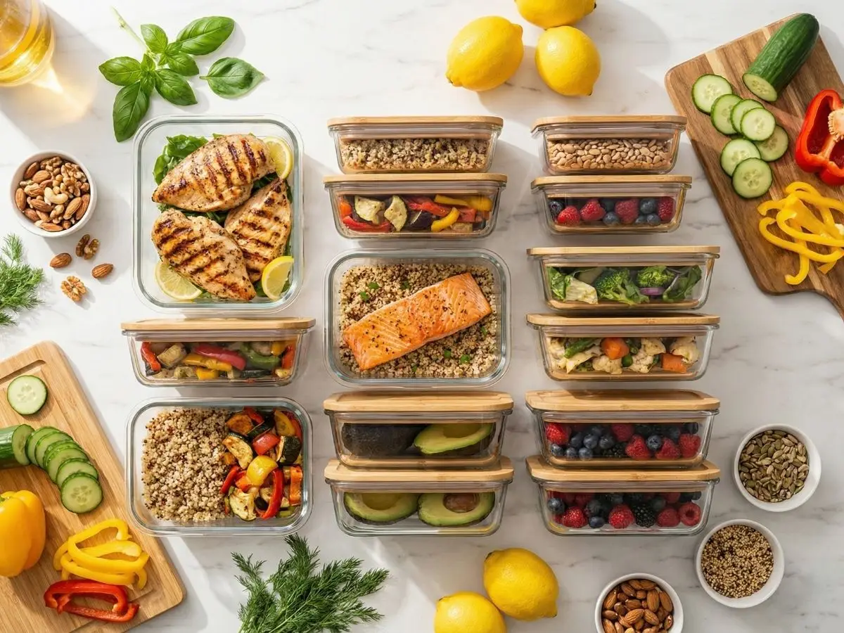 Batch-prepped meals in glass containers: grilled chicken, salmon with quinoa, roasted vegetables, avocado and berries